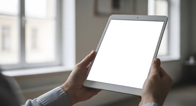 Person holding a tablet with a blank white screen