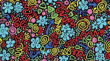 Fototapeta premium Colorful Abstract Doodle Seamless Pattern Featuring Hand Drawn Flowers Spirals Arrows and Geometric Shapes on Black Background for Vibrant Textile and Fabric Designs