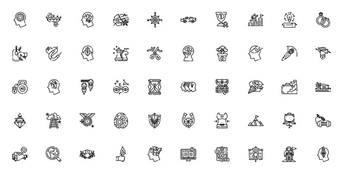 Motivation icon pack. Minimal line web icons set. Vector illustration. Featuring motivation, willpower, growth, team, reward, career, idea, knowledge and more. Editable vector stroke.