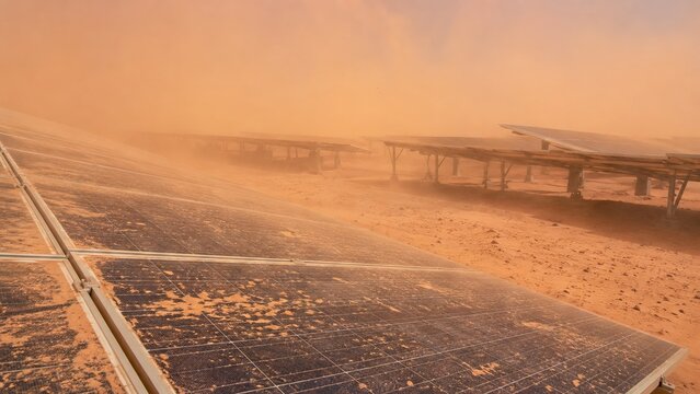Solar panels covered in desert dust in harsh environment for sustainable energy solutions. concept of renewable energy adaptation, desert environment, clean energy challenges.
