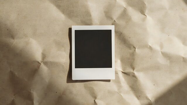 Blank polaroid photograph on crumpled kraft paper texture