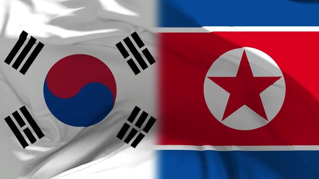 South Korea And North Korea Flag Waving in Slow Motion Loop Animation