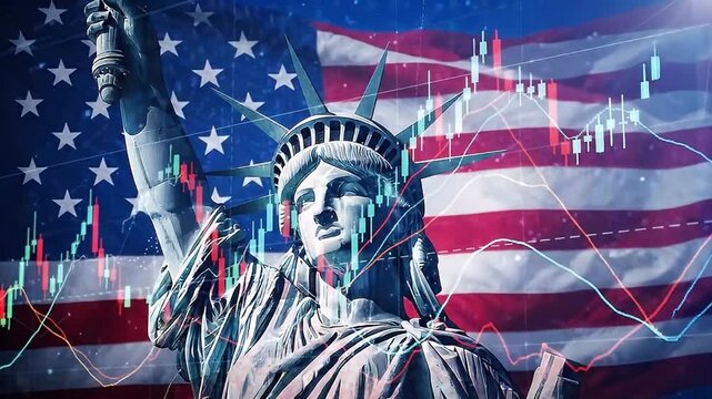 Statue of liberty with american flag background and financial stock market candlestick charts overlay, representing us economic growth, investment, and financial stability