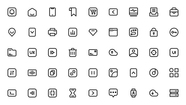 User interface icon pack. Minimal thin line web icons set. Featuring notification bell, home, smartphone, bookmark, shop, lock, key, folder, user, chat, download, server and more. Editable vector stro