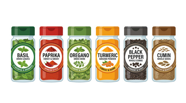Spice jars with colorful labels and assorted kitchen seasonings