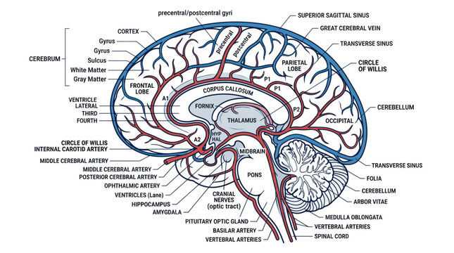 Anatomical diagram of human brain cross section with medical labels