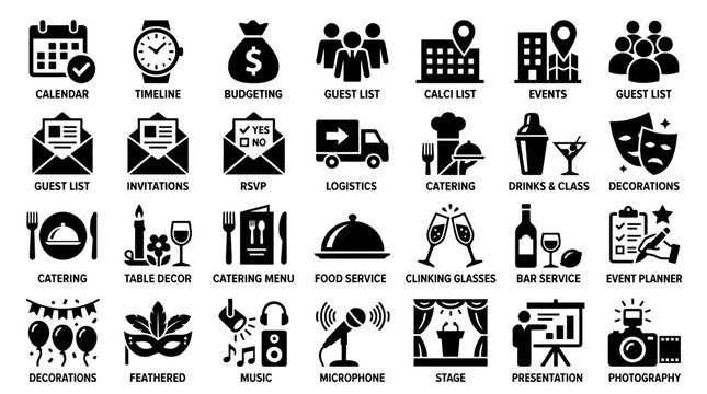 Black event planning and management icons set featuring calendar catering guest list and logistics, perfect for wedding organizer website, mobile application and corporate presentation