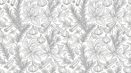 Seamless line art pattern with herbs spices and garlic © afam
