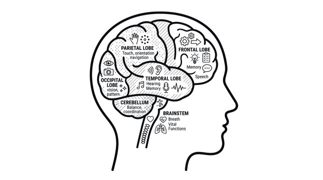 Human brain anatomy diagram showing lobes and cognitive functions