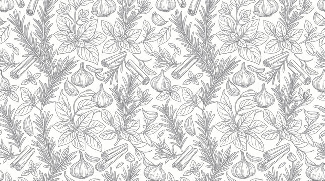 Seamless line art pattern with herbs spices and garlic