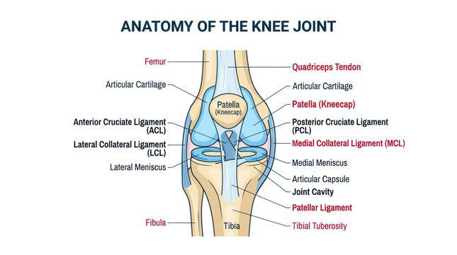Human knee joint anatomy diagram with bone and ligament labels