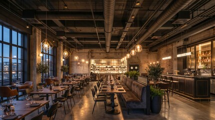 Fototapeta premium Modern luxury restaurant interior with industrial design. Dining room with tables, chairs and bar counter. Upscale bistro service space with ambient lighting for gourmet dining and evening atmosphere