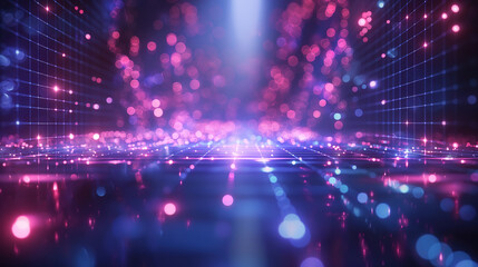 Cyan Blue and Purple Neon Grid Lines on Perspective Floor