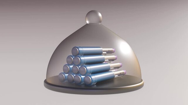 A 3d animation of serving platter, stacked blue GLP-1 injection pens, and clear glass dome spin together in a smooth, continuous 360-degree turntable rotation loop.