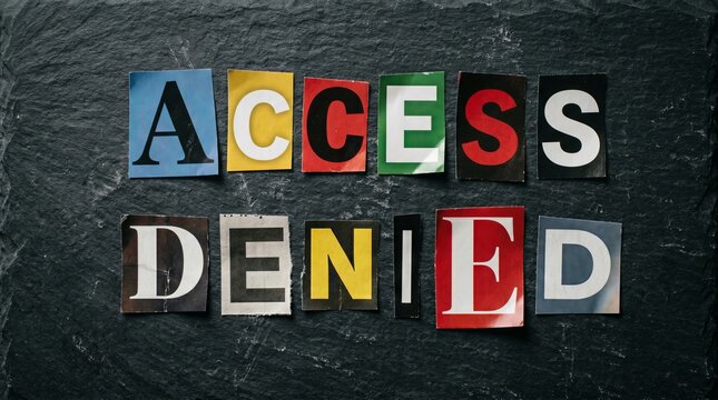 Access denied text formed from cut out magazine letters on dark stone surface. Cyber security warning concept and digital blockade message for website error or private information protection