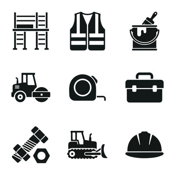 This vector illustration features a set of nine black and white construction-themed icons, including tools, machinery, and safety gear.