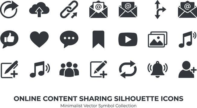 Online content sharing silhouette icons featuring minimalist vector symbols for cloud upload, hyper link, email messages, media streaming, notifications, and social web interactions