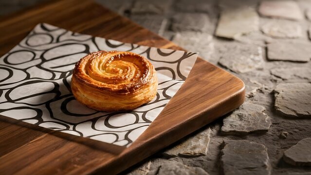 Fresh golden flaky danish pastry on a patterned napkin and wooden board.