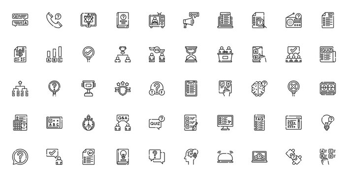 Quiz icon set. Educational vector icons pack. Minimalist thin line icons. Includes symbols for question, exam, knowledge, puzzle, timer, trophy, brain, choice, correct, chat, and more.