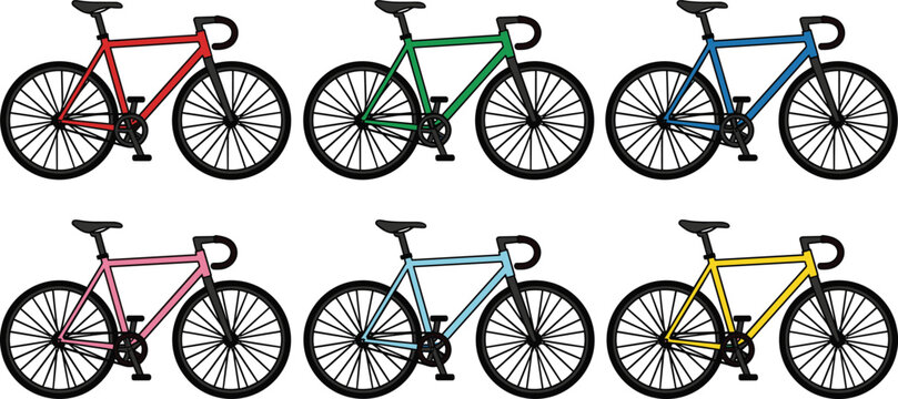 Vector illustration set of modern fixed gear road bicycles in various colors including red green blue pink light blue and yellow isolated on white background.
