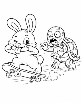 Comical Skater Hare Outruns a Zombie Tortoise, a Funny Twist on the Classic Fable. Vector Line Art for a Children's Coloring Book or Activity Page.