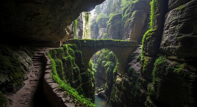 Natural stone bridge in a deep moss covered canyon with a winding path and distant sunlit opening