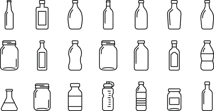 Vector line icon set of various glass bottles, jars, and plastic containers including water bottles, mason jars, flasks, and condiment packaging isolated on white background.