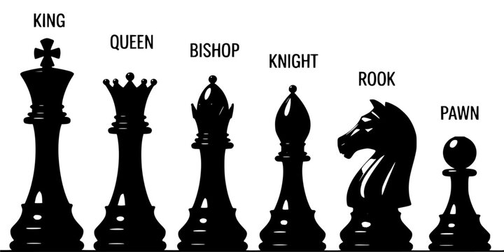 Chess Pieces Silhouette Set Featuring King, Queen, Bishop, Knight, Rook and Pawn Icons on a White Background