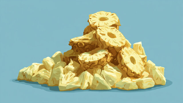 Pile of dried pineapple slices and chunks with yellowish color and rough textured surface on a light blue background