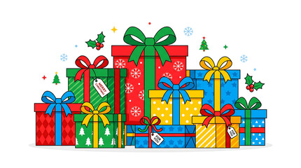 Colorful Christmas Gift Boxes Pile with Winter Holiday Patterns Cute Badges and Ribbon Bows Isolated on White Background Vector Illustration
