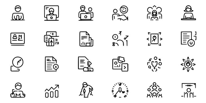 Business Icons Set, Line Style, Black and White, Various Office and Management Concepts. Featuring Work, People, Communication with Teamwork