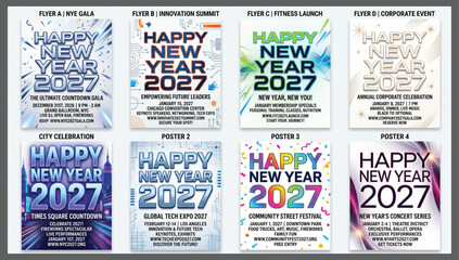 Naklejka premium Set of eight diverse happy new year 2027 event posters for gala innovation summit fitness launch corporate party city celebration global tech expo festival concert with celebration