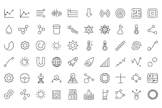 Science technology line icons with research data, laboratory symbols, chemistry molecules, physics atoms, energy, charts, and network diagrams