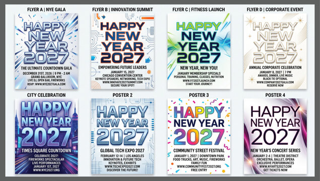Set of eight diverse happy new year 2027 event posters for gala innovation summit fitness launch corporate party city celebration global tech expo festival concert with celebration