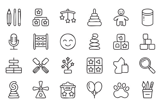 UI kids toy icons for preschool apps, childcare dashboards, nursery learning screens, playroom categories, and daycare activity menus