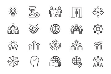 Fototapeta premium UI business strategy icons for leadership dashboards, team management platforms, finance planning, global partnership, and workflow tools