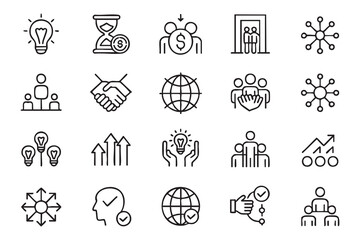 Fototapeta premium Web management icons with business hierarchy, innovation process, teamwork, decision paths, partnership deals, money planning, and global reach