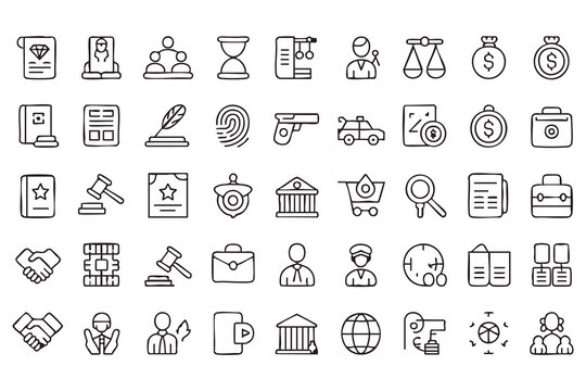 UI law icons for legaltech platforms, lawyer dashboards, court case management, finance compliance, evidence search, and document review