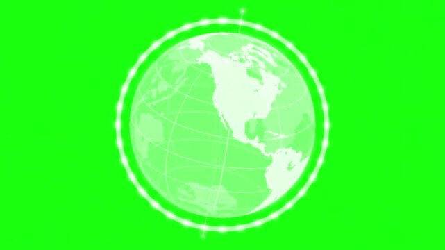 Digital Holographic Earth Globe Rotating on Green Screen Background, Animated White World Map Connection Lines, Global Cyber Tech Network Corporate Concept