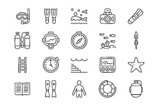 Scuba diving snorkeling line icons with underwater gear, ocean adventure, fins, mask, oxygen tank, compass, camera, reef, and fish
