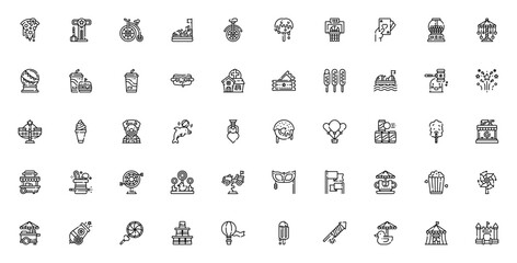 Amusement park icon set. Minimal line vector icons pack. Includes symbols for pizza, hammer game, bumper car, unicycle, hot dog, haunted house, fireworks, cotton candy, shooting game, magic hat, hot a © wang