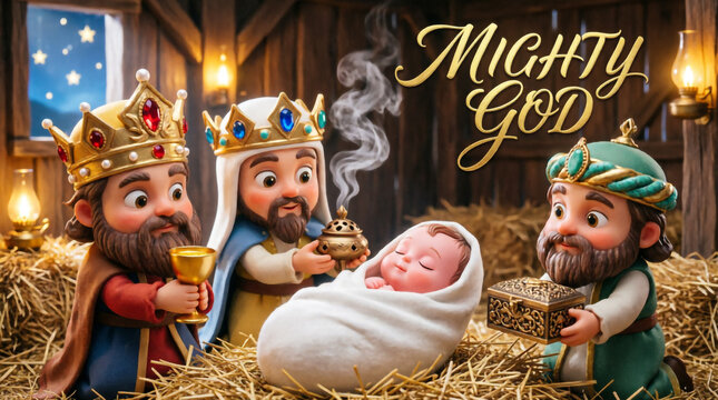 Wise Magi journey bearing gold frankincense and myrrh to worship newborn baby Jesus Christ.