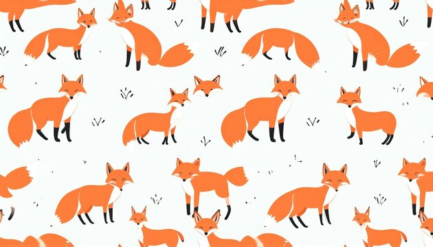 Seamless pattern with cute orange foxes on white background