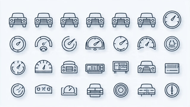 Collection of various car dashboards speedometers gauges and instrumentation in sleek black and white style