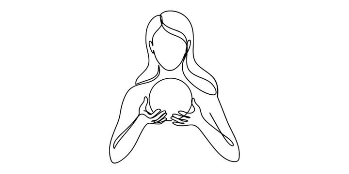 Woman holding a magic crystal ball in continuous line art