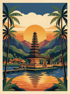 Balinese temple at sunset with palm trees