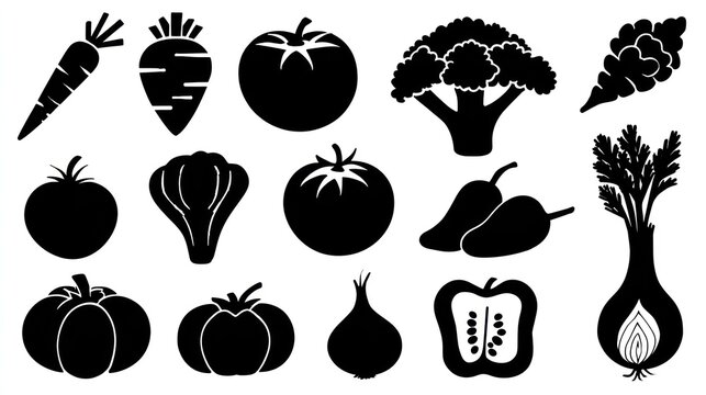Collection of various fresh produce silhouettes displayed against a white background