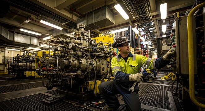 Industrial factory worker performing maintenance in a busy plant.