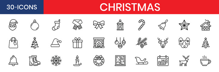 Christmas Thin Line Icon Set Christmas Tree Snowflake Santa Hat Gift Box Candy Cane © IconNest