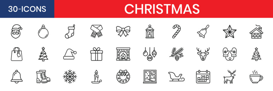 Christmas Thin Line Icon Set Christmas Tree Snowflake Santa Hat Gift Box Candy Cane